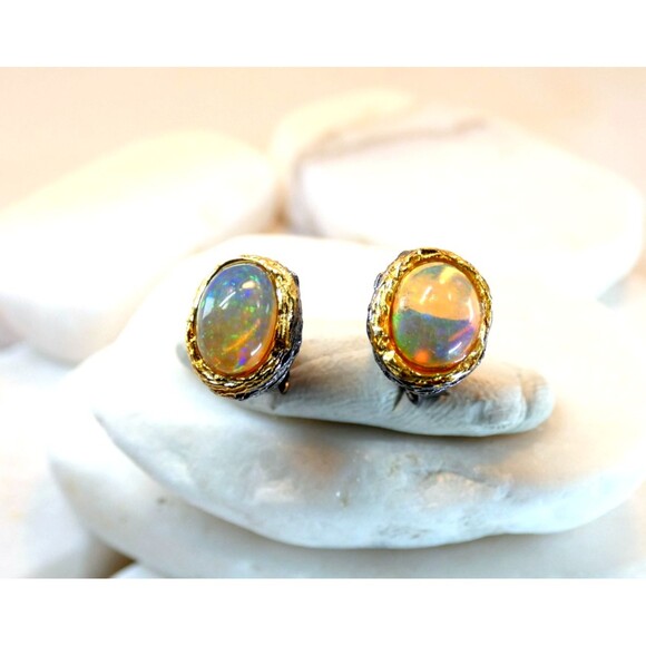 Ethiopian Opal Gemstone 925 Silver Oxidized Stud Earrings Women's Jewelry - Picture 1 of 5